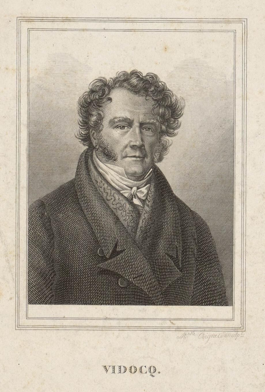 Portrait gravé d'Eugène-François Vidocq en buste, cheveux bouclés et favoris, vêtu d'une redingote sombre et d'une cravate blanche nouée ; son nom est gravé sous le cadre.