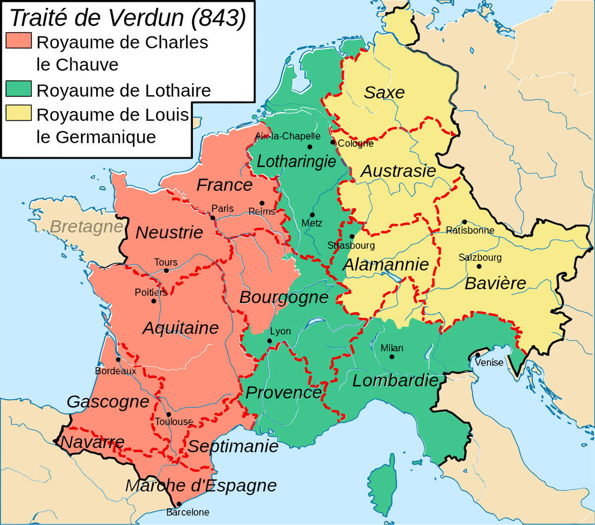 Carte du traité de Verdun (843) : en rouge, le royaume de Charles le Chauve, à l'ouest, de la Neustrie à l'Aquitaine ; en vert, au centre, le royaume de Lothaire, de la Lotharingie à la Lombardie ; en jaune, à l'est, le royaume de Louis le Germanique, de la Saxe à la Bavière.