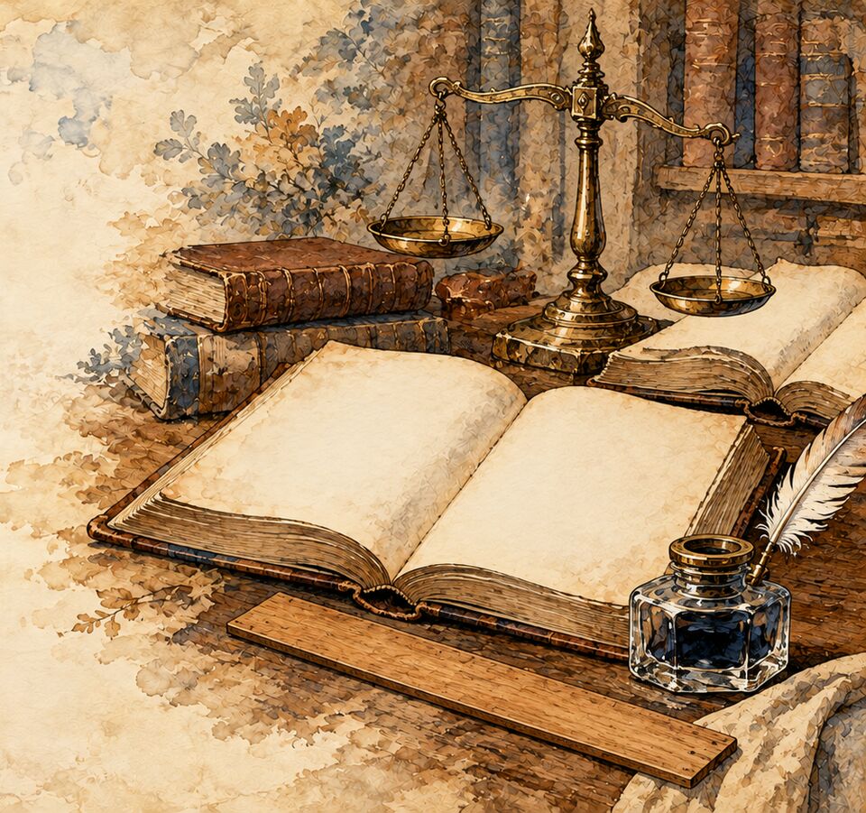 Un livre ouvert, un encrier, une plume et une balance.