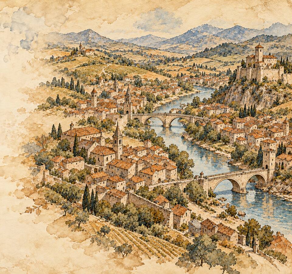 Une vue panoramique d'une ville ancienne traversée par une rivière enjambée de ponts.
